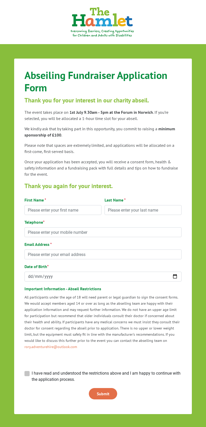 Charity abseiling application form